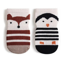 Load image into Gallery viewer, Tot and Toe Cosy Woodland premium anti-slip grip socks, yoga socks for babies and toddlers learning to walk, extra warm terry lined socks for winter, full grip under sole, fox and owl stripe print.