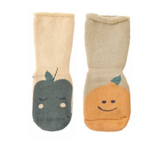 Load image into Gallery viewer, Tot and Toe baby premium anti-slip grip socks, yoga socks for learning to walk, cosy extra warm terry lined socks with green apple and orange print on the foot.
