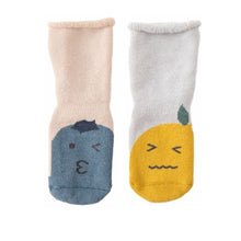 Load image into Gallery viewer, Tot and Toe baby premium anti-slip grip socks, yoga socks for learning to walk, cosy extra warm terry lined socks with blueberry and lemon print on the foot.