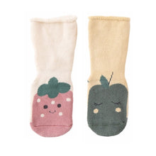 Load image into Gallery viewer, Tot and Toe baby premium anti-slip grip socks, yoga socks for learning to walk, cosy extra warm terry lined socks with pink strawberry and green apple print on the foot.