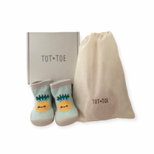 Load image into Gallery viewer, Mint green with a happy pineapple Sock Shoe with a smiling watermelon cartoon (Sock with a BPA free silicone sole) for first walkers and toddlers, shoe box and a cotton drawstring bag containing mystery baby socks with grip, like yoga socks to assist anti-slip.