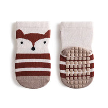 Load image into Gallery viewer, Tot and Toe Cosy Woodland premium anti-slip grip socks, yoga socks for babies and toddlers learning to walk, extra warm terry lined socks for winter, full grip under sole, fox and owl stripe print.