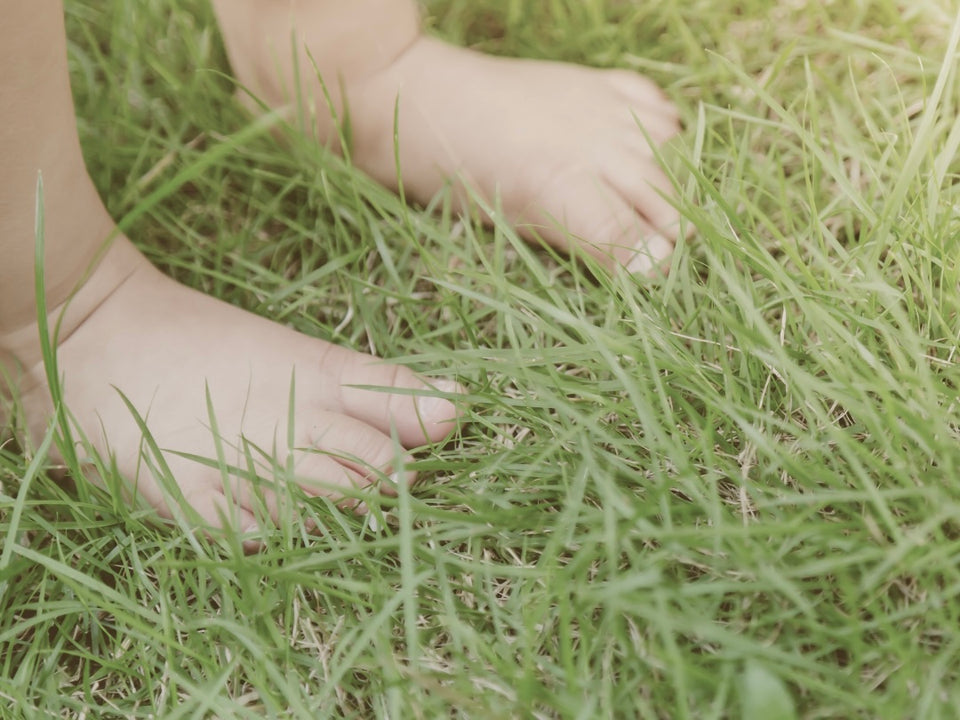 Barefoot toddler standing on grass