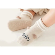 Load image into Gallery viewer, Tot and Toe Everyday Fold premium baby anti-slip grip socks, yoga socks for toddlers, tan beige with cute print, for learning to walk