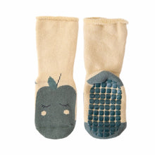 Load image into Gallery viewer, Tot and Toe baby premium anti-slip grip socks, yoga socks for learning to walk, cosy extra warm terry lined socks with green apple and orange print on the foot.