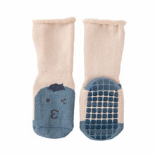 Load image into Gallery viewer, Tot and Toe baby premium anti-slip grip socks, yoga socks for learning to walk, cosy extra warm terry lined socks with blueberry and lemon print on the foot.