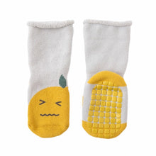 Load image into Gallery viewer, Tot and Toe baby premium anti-slip grip socks, yoga socks for learning to walk, cosy extra warm terry lined socks with blueberry and lemon print on the foot.