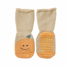 Load image into Gallery viewer, Tot and Toe baby premium anti-slip grip socks, yoga socks for learning to walk, cosy extra warm terry lined socks with green apple and orange print on the foot.