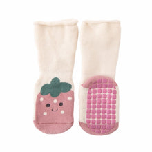 Load image into Gallery viewer, Tot and Toe baby premium anti-slip grip socks, yoga socks for learning to walk, cosy extra warm terry lined socks with pink strawberry print on the foot.
