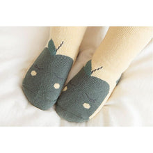 Load image into Gallery viewer, Tot and Toe baby premium anti-slip grip socks, yoga socks for learning to walk, cosy extra warm terry lined socks with green apple print on the foot.