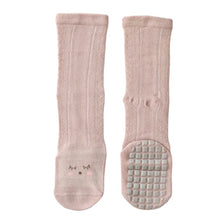 Load image into Gallery viewer, Tot and Toe cool knee high premium baby grip socks in light pink, full sole grip, like yoga socks, plain white with minimal bear face printed on top of foot. Comfortable cool cotton with generous stretch.