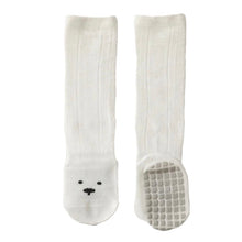 Load image into Gallery viewer, Tot and Toe cool knee high premium baby grip socks, full sole grip, like yoga socks, plain white with minimal bear face printed on top of foot. Comfortable cool cotton with generous stretch.