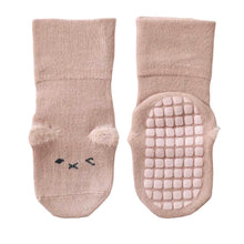 Load image into Gallery viewer, Tot and Toe baby pink socks with premium full grip sole, like yoga socks, minimal face and fluffy 3D ears. Fold-able design, made with mostly cotton, comfortable for everyday.