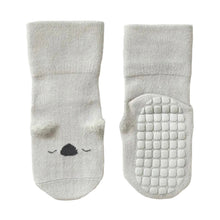 Load image into Gallery viewer, Tot and Toe baby grey socks with premium full grip sole, like yoga socks, minimal koala face and fluffy 3D ears. Fold-able design, made with mostly cotton, comfortable for everyday.