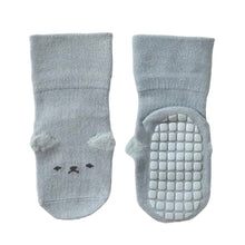 Load image into Gallery viewer, Tot and Toe baby blue socks with premium full grip sole, like yoga socks, minimal bear face and fluffy 3D ears. Fold-able design, made with mostly cotton, comfortable for everyday.
