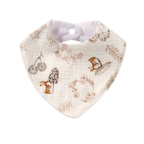 Cream organic cotton muslin bib with dainty brown foliage print, tot and toe label on side, white terry towel backing, with hidden waterproof inner layer which is soft and not noisy